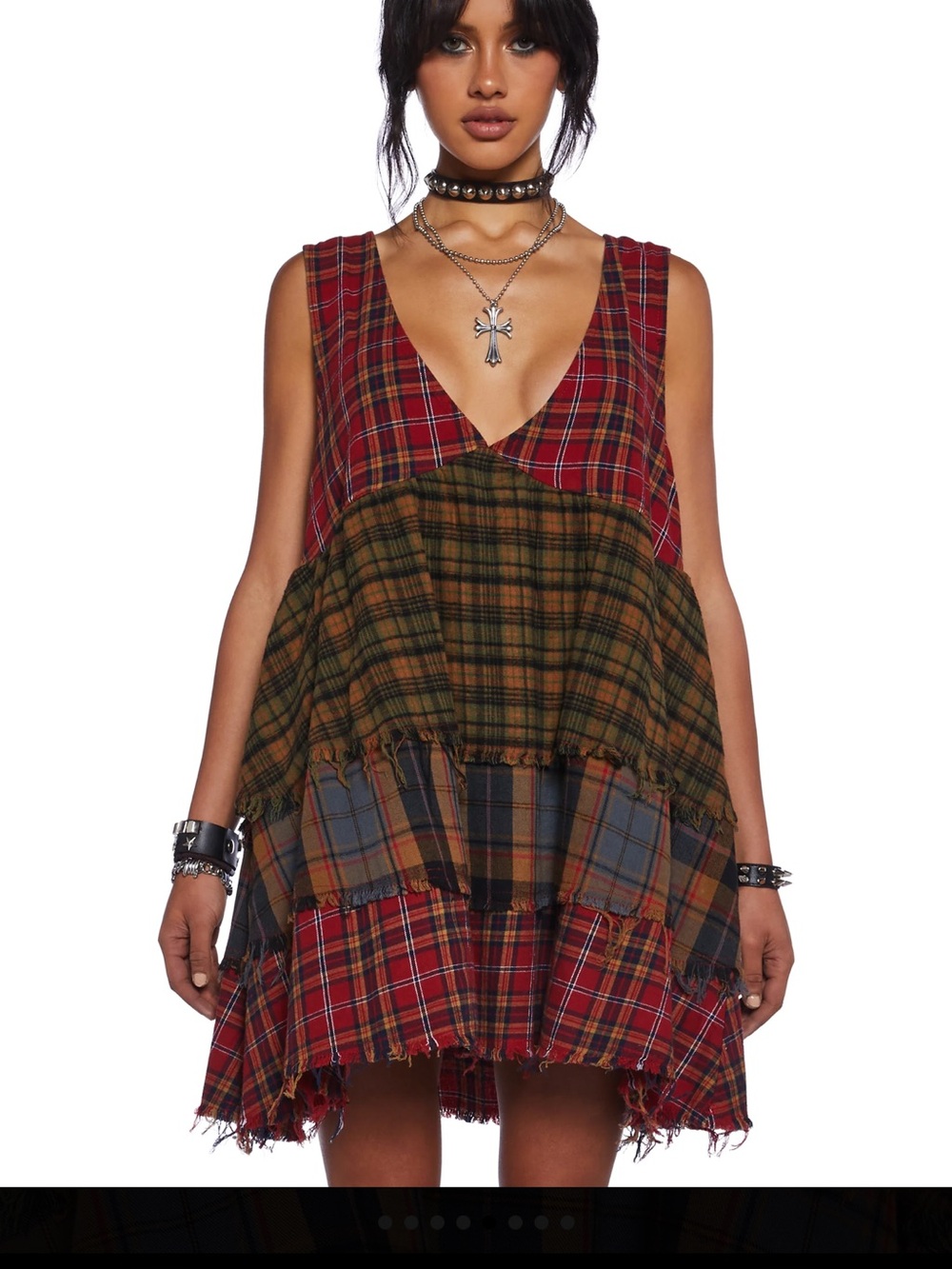 Current Mood Patchwork Plaid Mini Dress in Red and Olive
